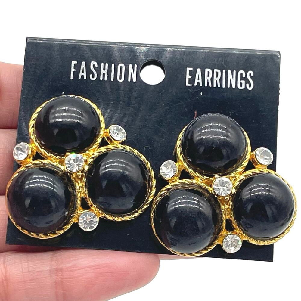 Vtg Tri Cabochon and Rhinestone Clip On Earring 1" Gold Tone Back Unsigned